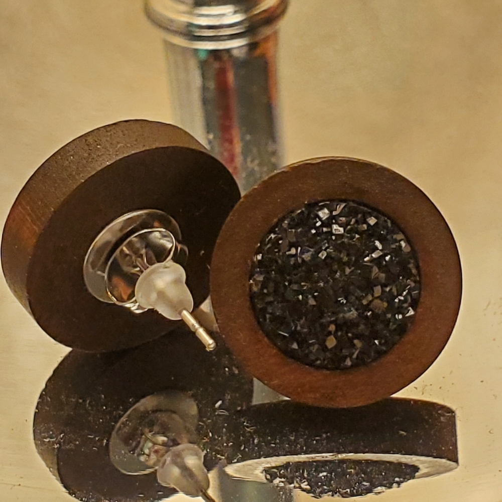 Dark Wood Black Drusy Earrings